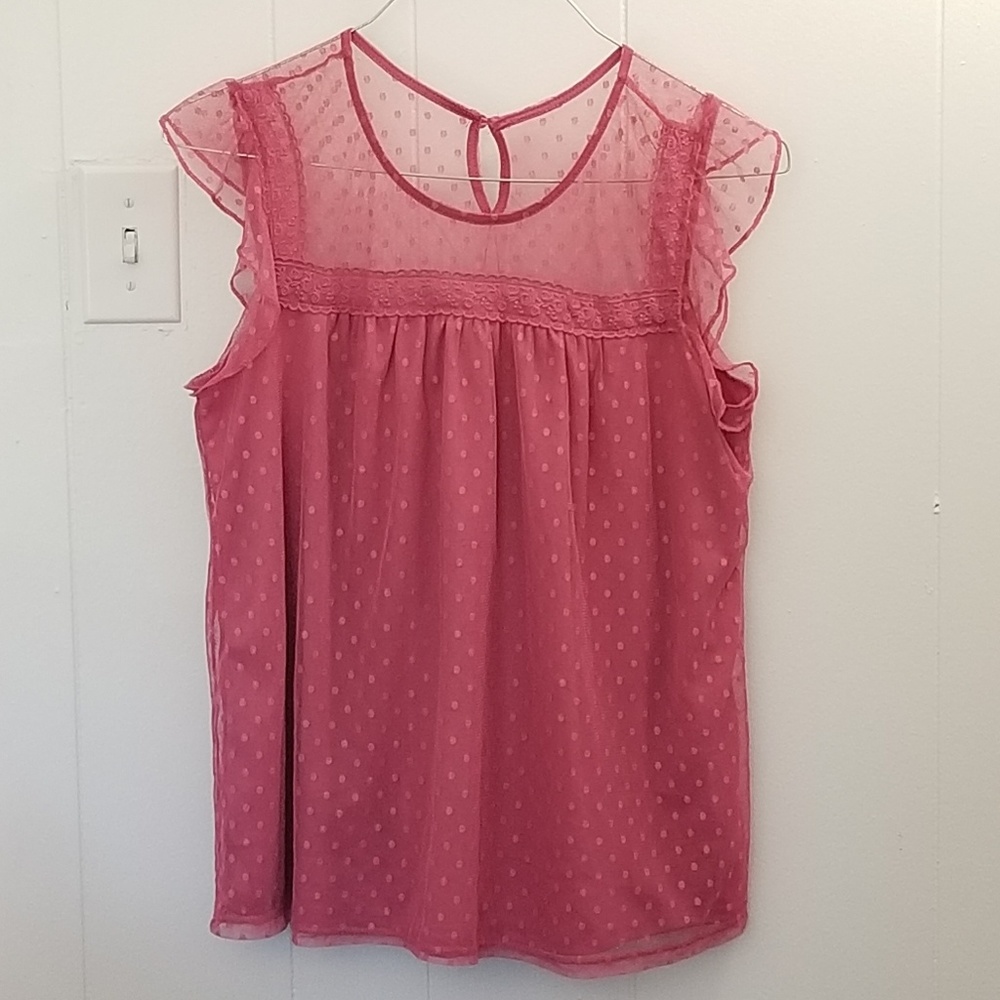Pink Polka Dots Lace Overlay Sleeveless Top